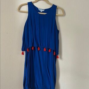 Blue Sleeveless Kids Dress with Red Tassels